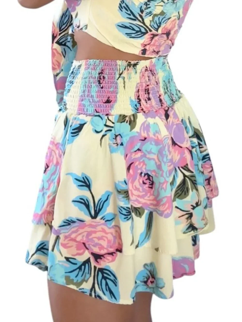 Maaji Two Piece Set Matching Top Skirt Cream Blue Floral Print, Size M